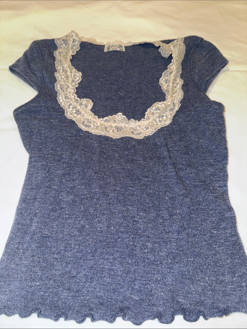 Free People Navy Knit Camisole with Cream Lace Trim